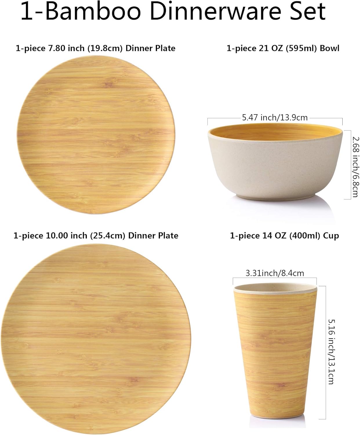 LEKOCH Bamboo Dinnerware Set, Ultra Chic Bamboo Dinnerwareses for 4 Pcs, Bamboo Fiber Plate Dish Set, Kitchen Tablewares Eco-Friendly Reusable Outdoor Camping Dinnerware Sets
