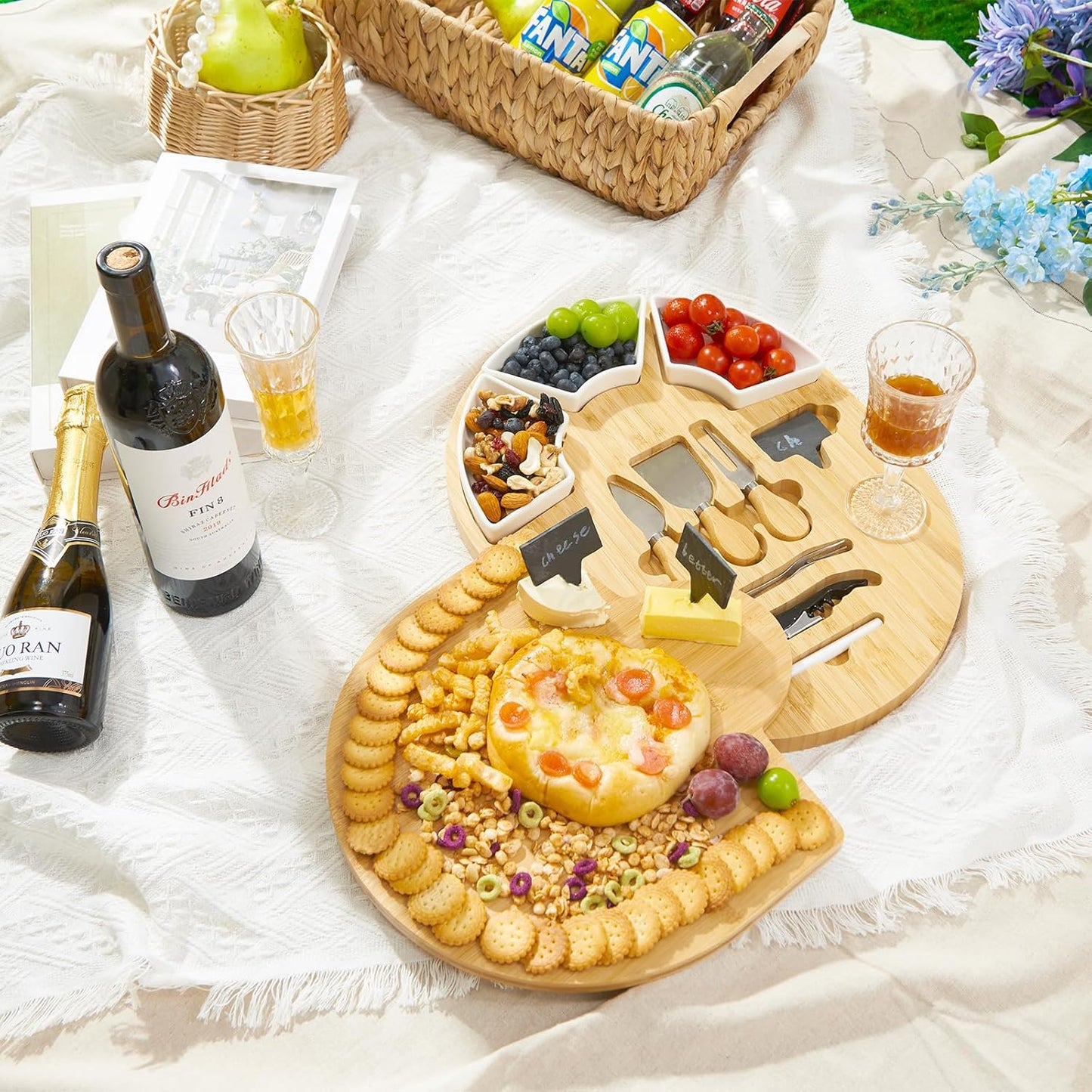 Charcuterie Boards, Bamboo Cheese Board Set with Knife Set & Bowls, Large Charcuterie Board, Oval Bamboo Cheese Boards Charcuterie Boards Gift Set for House Warming New Home Gifts