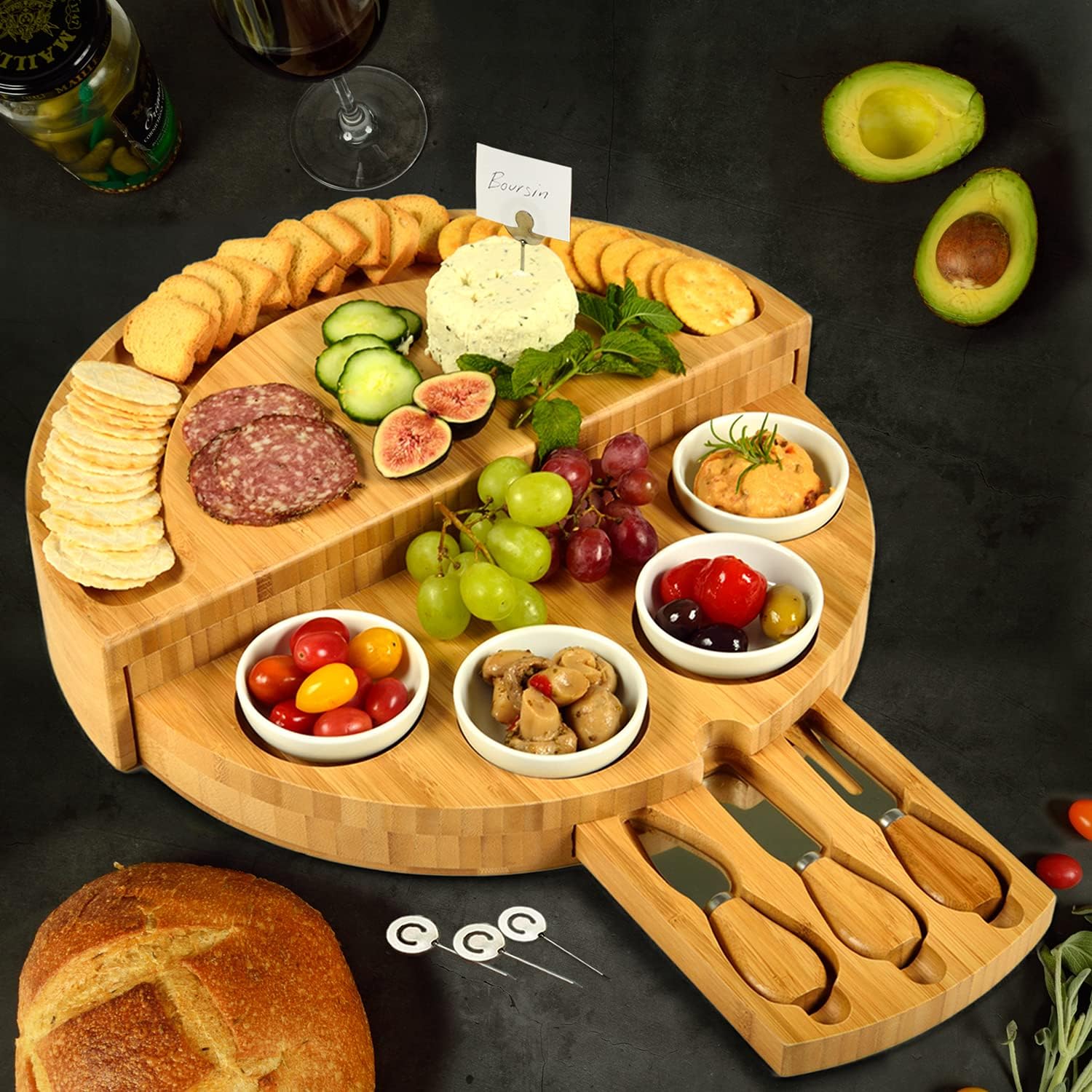 Picnic at Ascot Deluxe Bamboo Cheese/Charcuterie Board with Accessories & Cheese Markers - Innovative Patented Design - Quality Assured in the USA