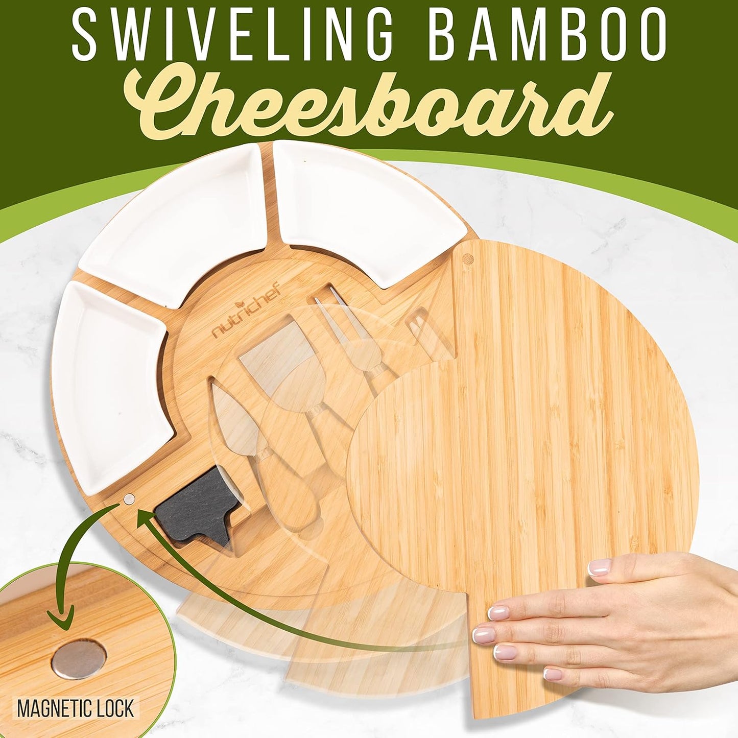Nutrichef Bamboo Natural Cheese Board Set with Bonus Condiment Cup-Extra Large Size 100% Home Organic Wooden Plate and Charcuterie Tray with 4 Pcs Cutting Knife Slicer, 13" Round