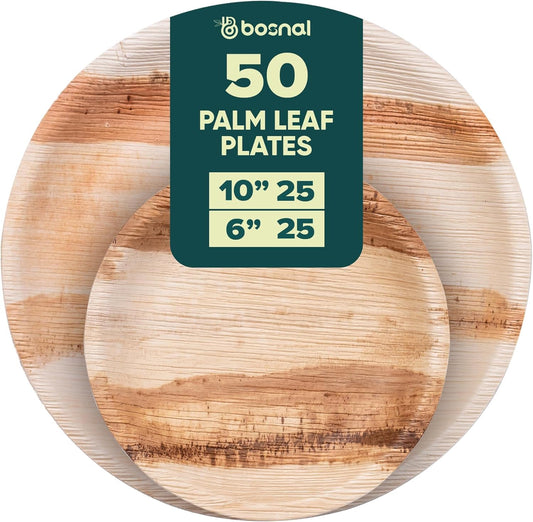 Palm Leaf Biodegradable round Plates Combo – 50 Pcs Set (25 Each of 10" & 6" Plates), Eco-Friendly, Compostable, Bamboo-Wood Style, Durable & Restaurant-Grade Alternative to Paper Plates