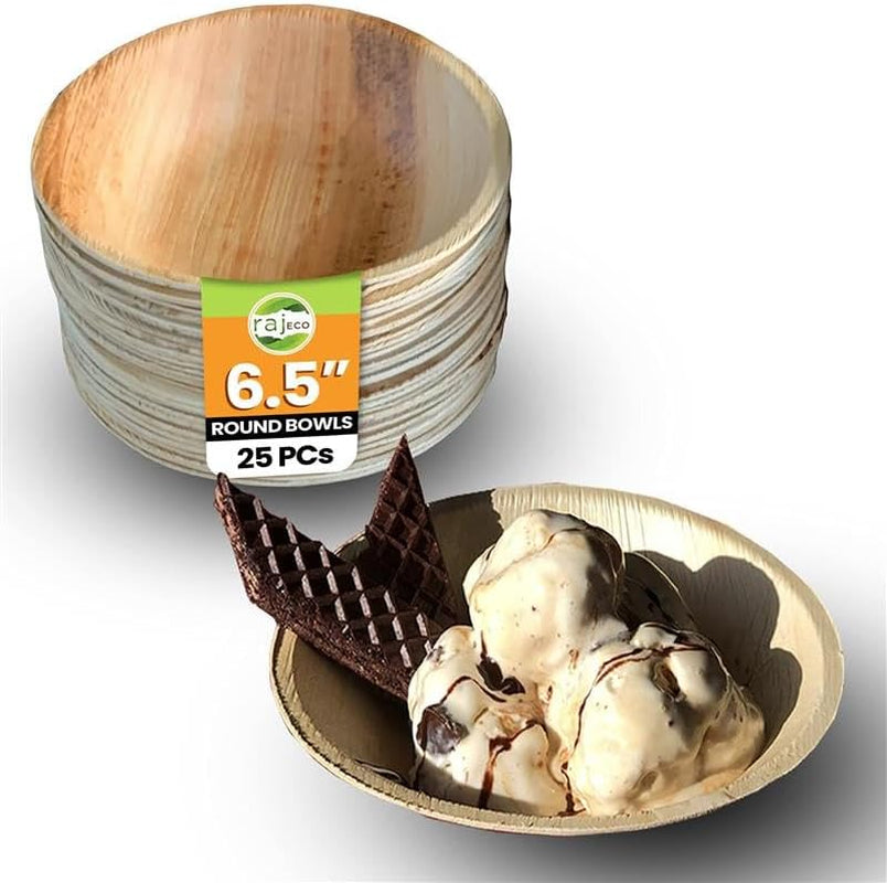 Raj Disposable Palm Leaf Bowls (50 Count, 6" Bowls) Strong Bowl like Bamboo Party Bowl - Decorative Compostable Tableware for Lunch, Dinner, Birthday, Outdoor, BBQ, Picnic, Parties