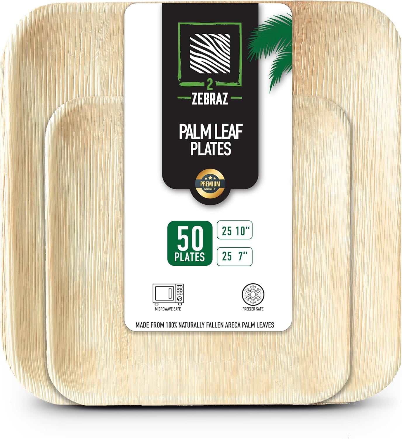 Premium Palm Leaf Disposable Plates – 50Pc Square Set: 25Pc 10” and 25Pc 7”, Heavy-Duty, Microwave Safe, Natural Alternative to Plastic, Ideal for Parties, Weddings, Events, and Everyday Use