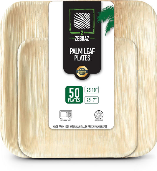 Premium Palm Leaf Disposable Plates – 50Pc Square Set: 25Pc 10” and 25Pc 7”, Heavy-Duty, Microwave Safe, Natural Alternative to Plastic, Ideal for Parties, Weddings, Events, and Everyday Use
