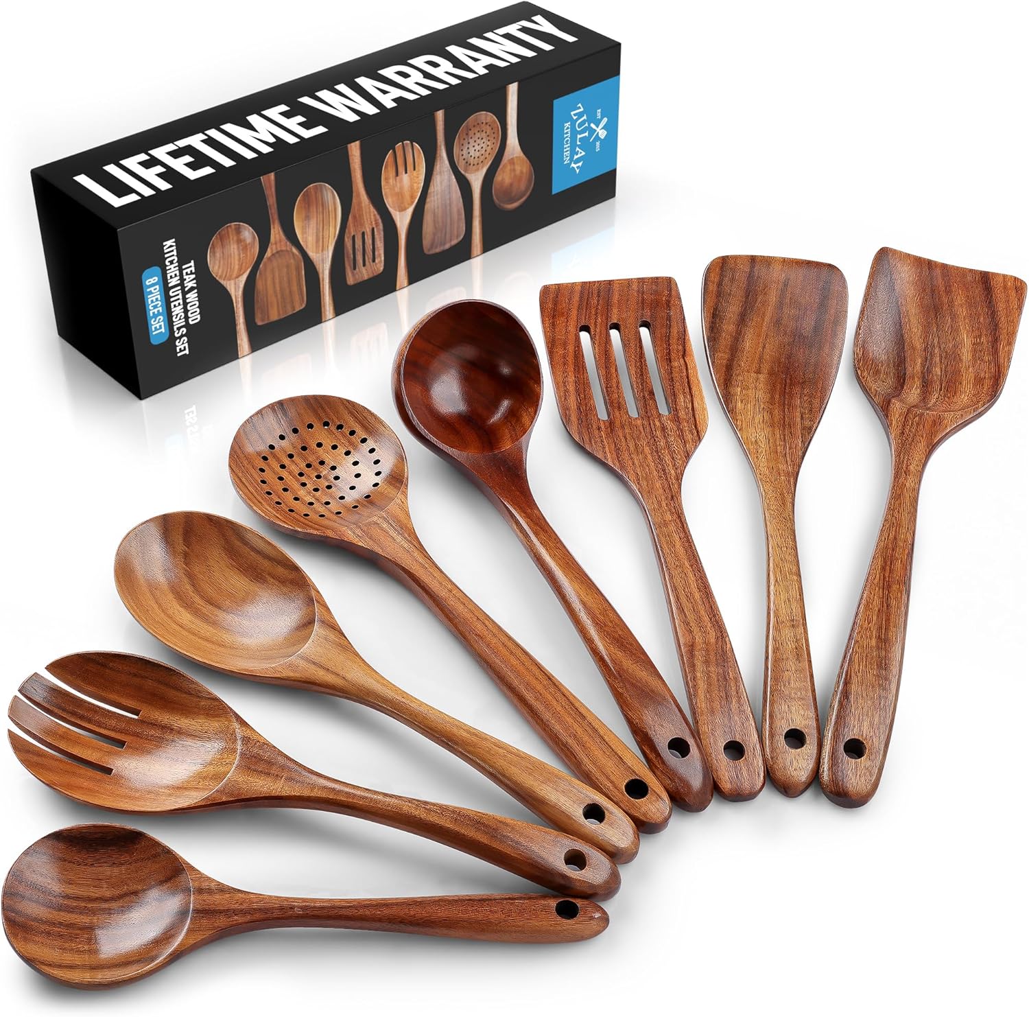 Zulay Kitchen 6-Piece Wooden Cooking Spoons Set – Heat-Resistant, Smooth Teak Utensils with Comfort Grip – Lightweight & Durable – Easy to Clean, Perfect for Non-Stick Cookware