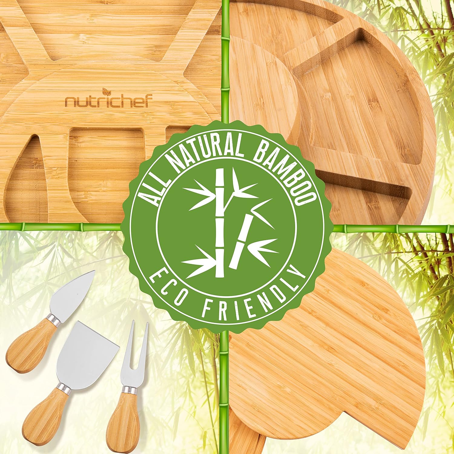 Nutrichef Bamboo Natural Cheese Board Set with Bonus Condiment Cup-Extra Large Size 100% Home Organic Wooden Plate and Charcuterie Tray with 4 Pcs Cutting Knife Slicer, 13" Round