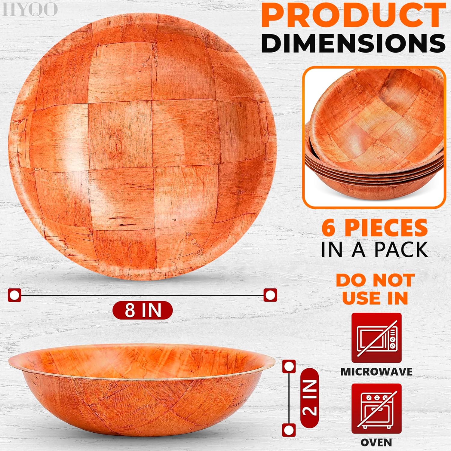 HYQO 6 Pcs Wooden Salad Bowls Large Serving - 8” Wooden Dinner Plates Set 2” Deep with Square Pattern Design for Food, Fruits & Snacks, Entertaining & Decorating - Lightweight, Scratch-Proof