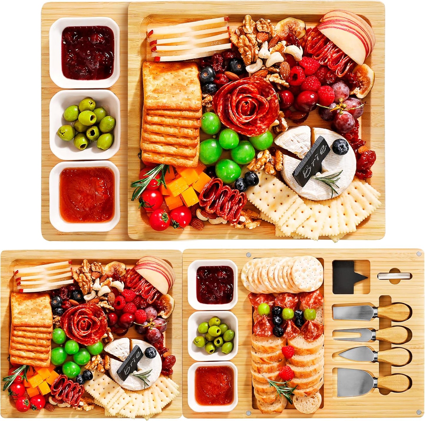 Easoger Bamboo Charcuterie Boards and Knife Set, 3 in 1 Magnetic Extra Large Cheese Board with 3 Bowls, Wedding Gifts, Christmas Gifts, House Warming Gifts for Couples