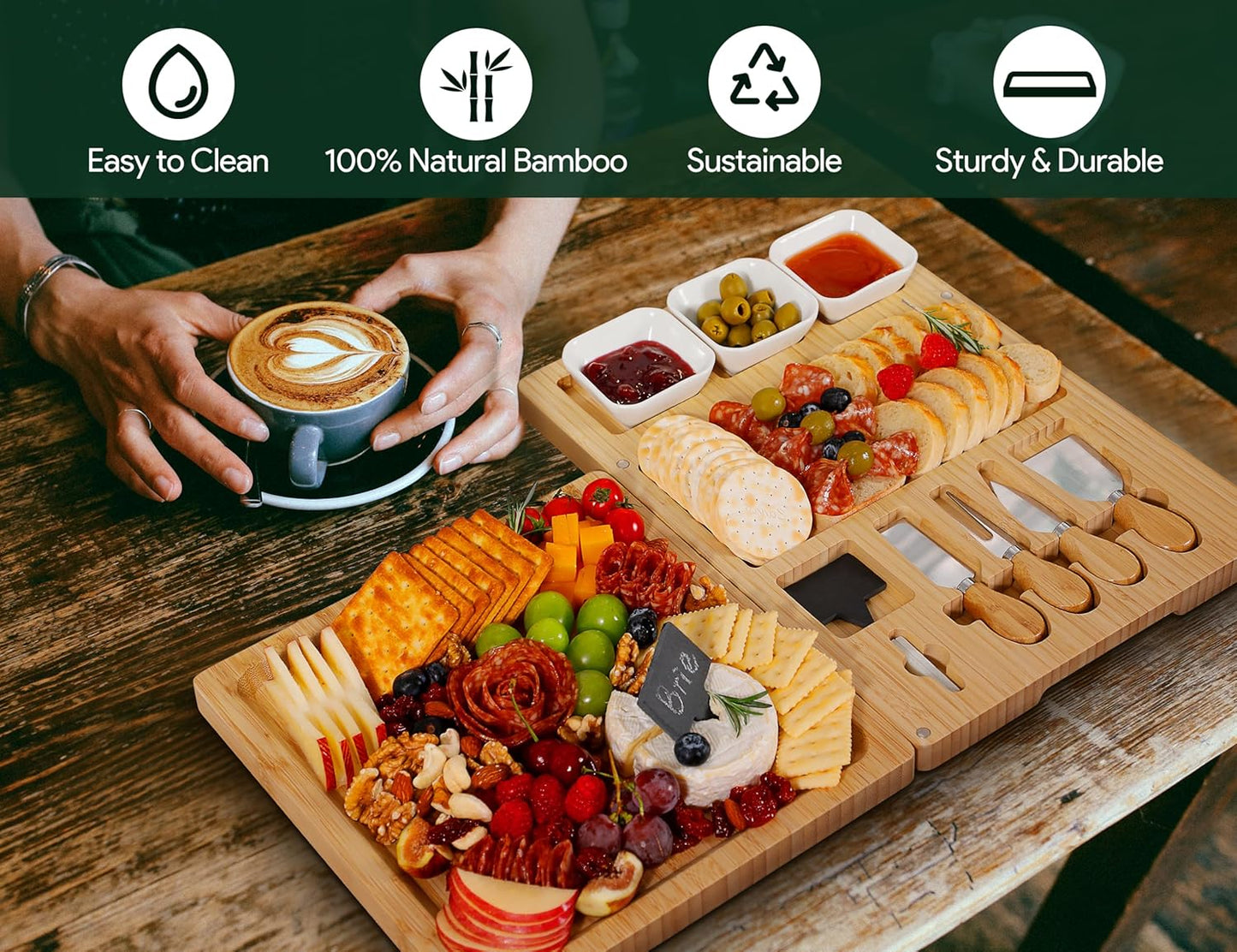 Easoger Bamboo Charcuterie Boards and Knife Set, 3 in 1 Magnetic Extra Large Cheese Board with 3 Bowls, Wedding Gifts, Christmas Gifts, House Warming Gifts for Couples