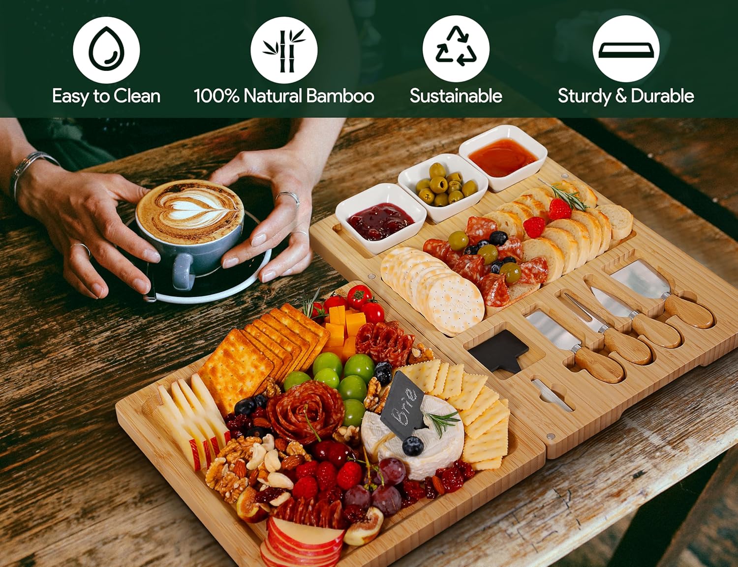 Easoger Bamboo Charcuterie Boards and Knife Set, 3 in 1 Magnetic Extra Large Cheese Board with 3 Bowls, Wedding Gifts, Christmas Gifts, House Warming Gifts for Couples