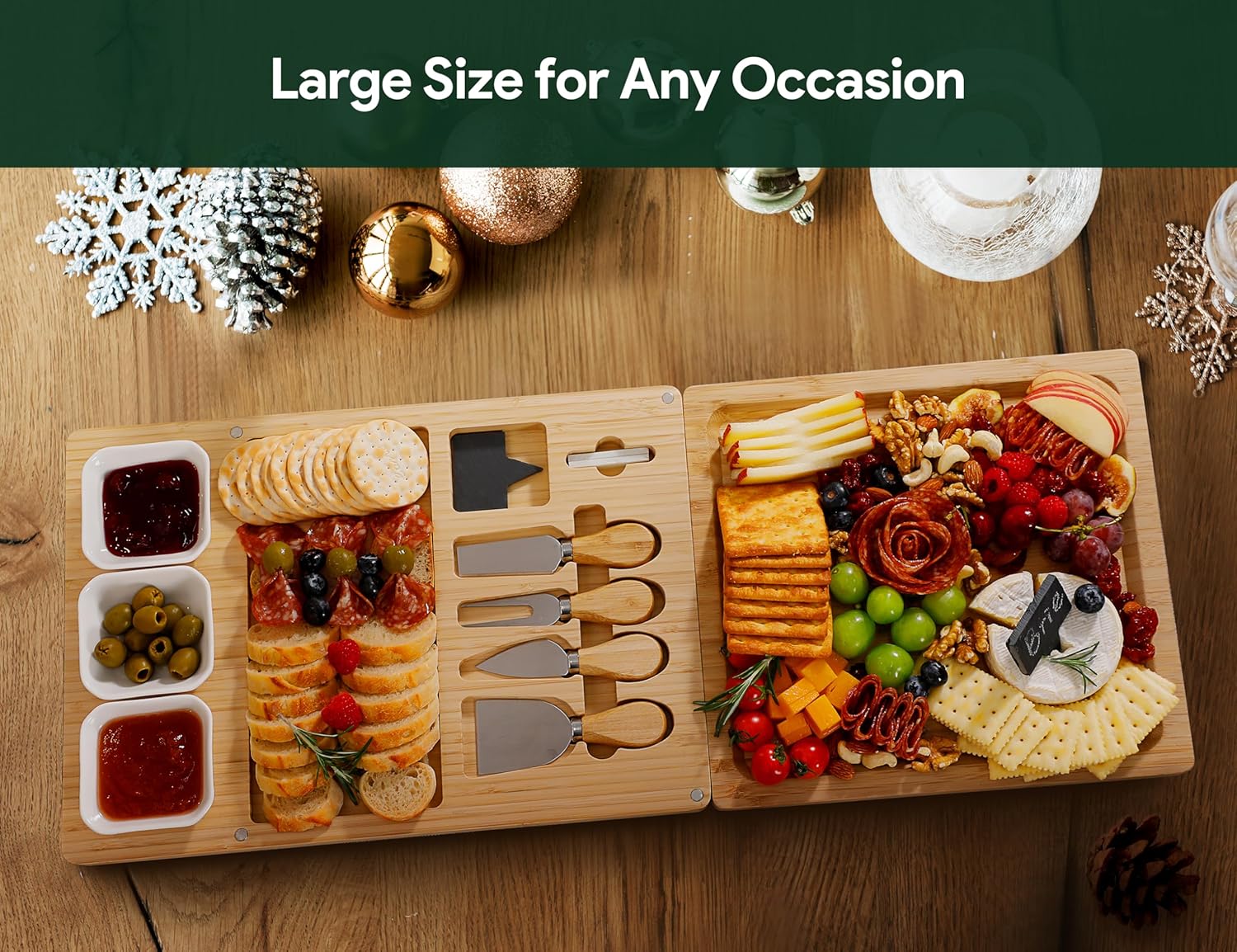 Easoger Bamboo Charcuterie Boards and Knife Set, 3 in 1 Magnetic Extra Large Cheese Board with 3 Bowls, Wedding Gifts, Christmas Gifts, House Warming Gifts for Couples