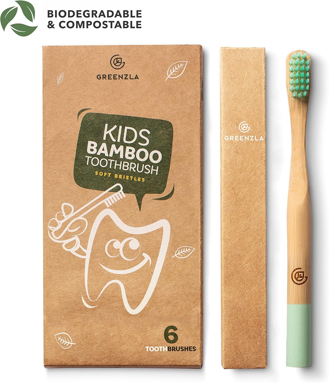 Greenzla Kids Bamboo Toothbrushes (6 Pack) | BPA Free Soft Bristles Toothbrushes | Eco-Friendly, Natural Bamboo Toothbrush Set | Biodegradable & Compostable Charcoal Wooden Toothbrushes