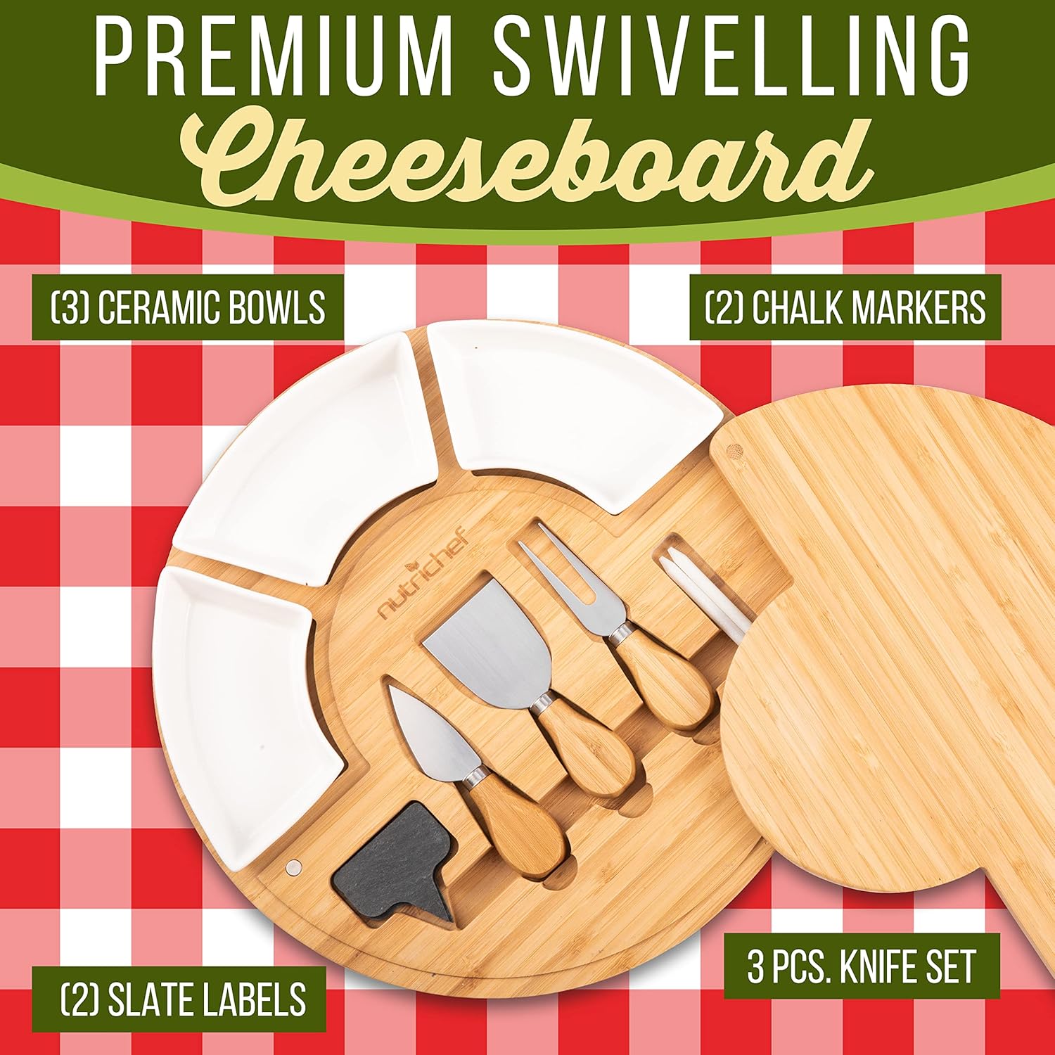 Nutrichef Bamboo Natural Cheese Board Set with Bonus Condiment Cup-Extra Large Size 100% Home Organic Wooden Plate and Charcuterie Tray with 4 Pcs Cutting Knife Slicer, 13" Round