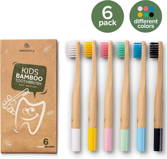 Greenzla Kids Bamboo Toothbrushes (6 Pack) | BPA Free Soft Bristles Toothbrushes | Eco-Friendly, Natural Bamboo Toothbrush Set | Biodegradable & Compostable Charcoal Wooden Toothbrushes