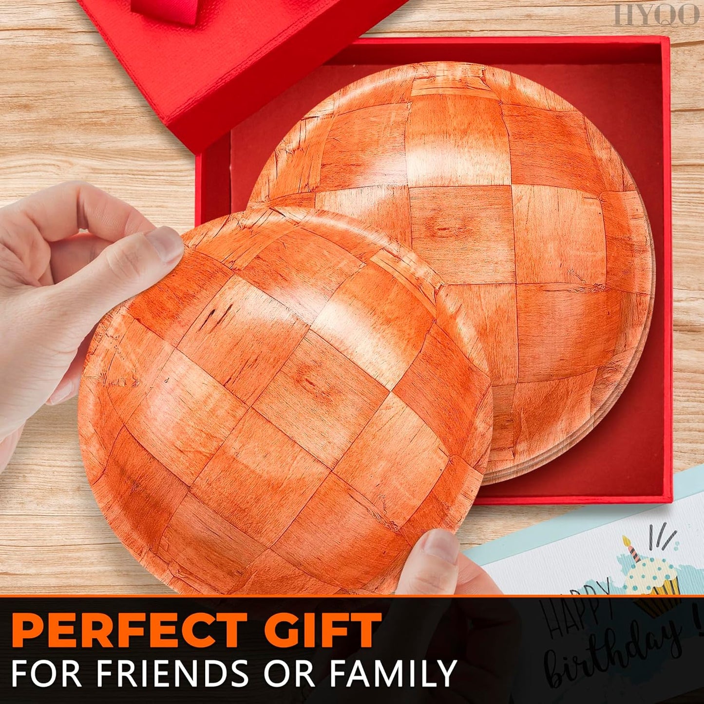 HYQO 6 Pcs Wooden Salad Bowls Large Serving - 8” Wooden Dinner Plates Set 2” Deep with Square Pattern Design for Food, Fruits & Snacks, Entertaining & Decorating - Lightweight, Scratch-Proof
