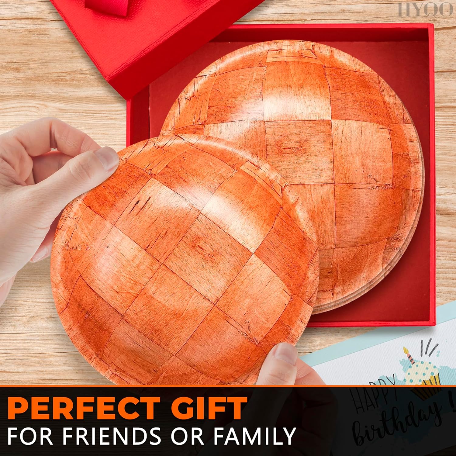 HYQO 6 Pcs Wooden Salad Bowls Large Serving - 8” Wooden Dinner Plates Set 2” Deep with Square Pattern Design for Food, Fruits & Snacks, Entertaining & Decorating - Lightweight, Scratch-Proof