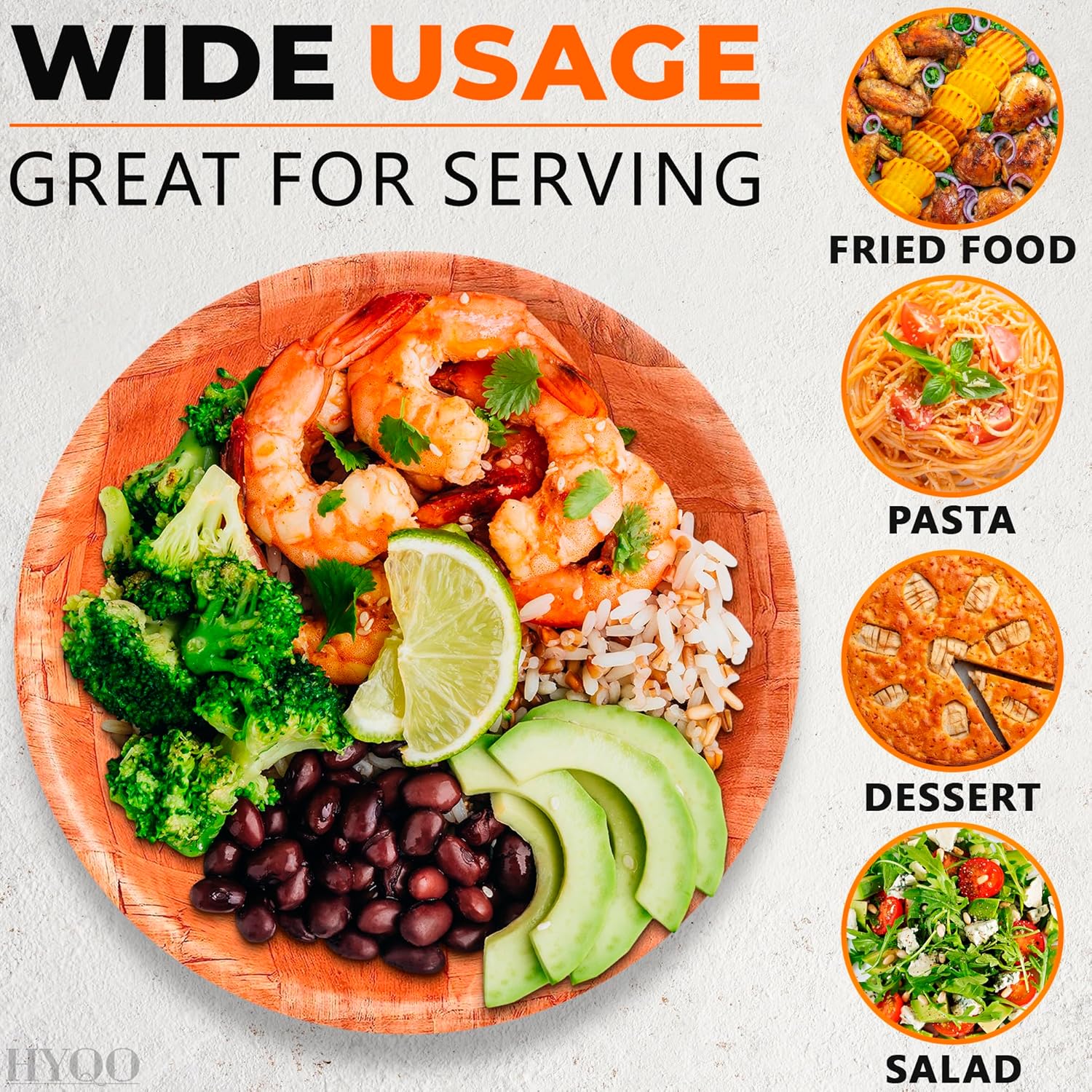 HYQO 6 Pcs Wooden Salad Bowls Large Serving - 8” Wooden Dinner Plates Set 2” Deep with Square Pattern Design for Food, Fruits & Snacks, Entertaining & Decorating - Lightweight, Scratch-Proof