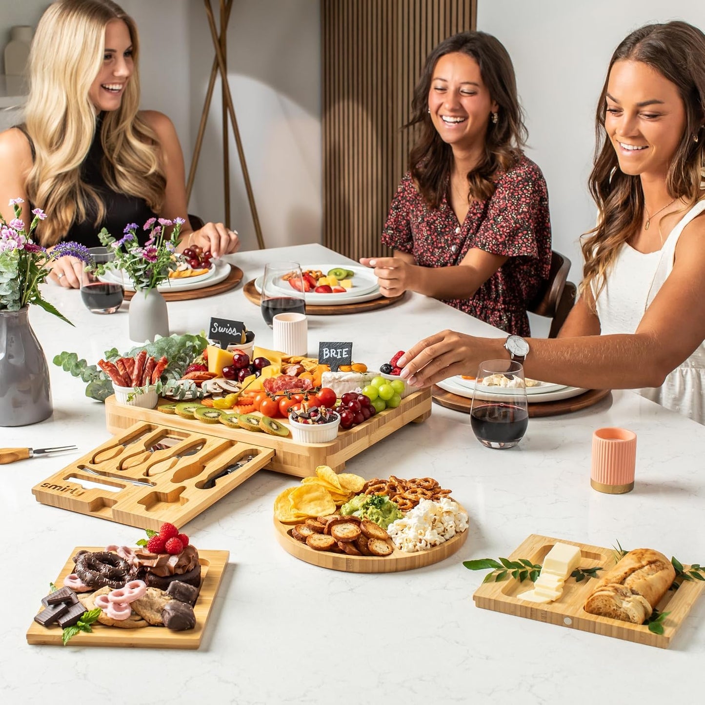 SMIRLY Charcuterie Boards Set - Large Bamboo Cheese Board Set - House Warming Gifts New Home, Wedding Gift for Couple, Bridal Shower Gift, Birthday Gifts for Women