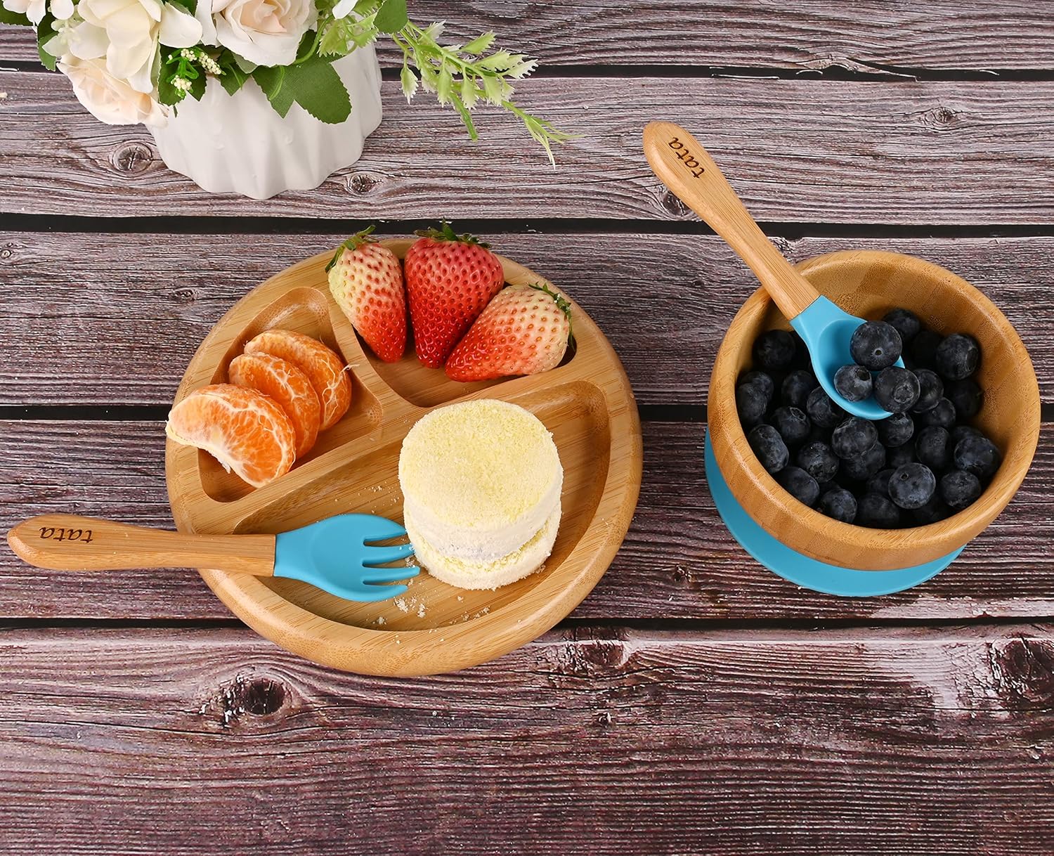 TATA AMG® Bamboo Suction Plate & Bowl with Fork and 2 Spoons | Divided Wooden Feeding Dish for Toddlers | Bpa-Free Baby Led Weaning (BLW) Utensil Set