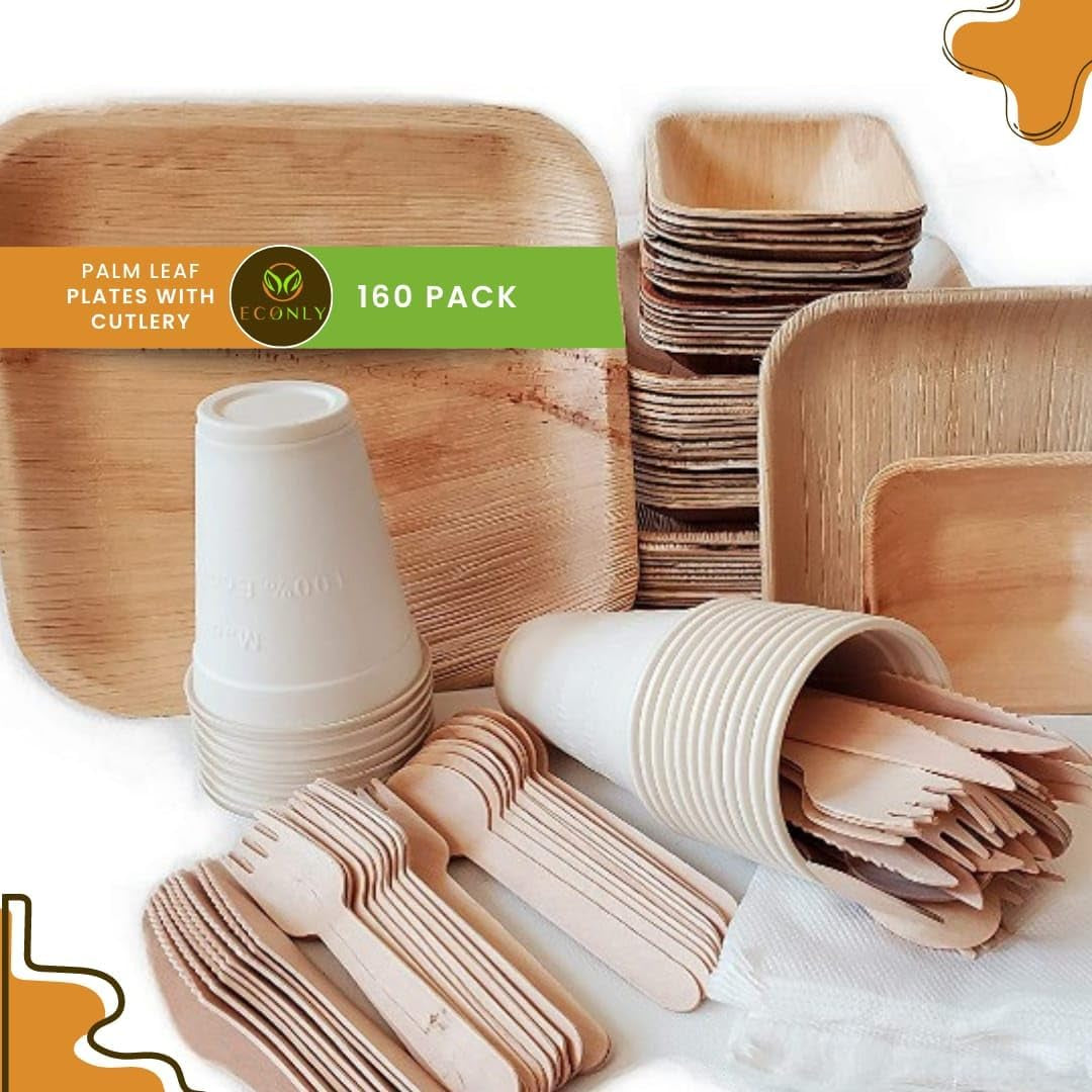 Rustic Palm Plates - 10", 7", 4.5" Compostable Dinnerware Set with Cutlery, Napkins & Heavy Duty Biodegradable Utensils