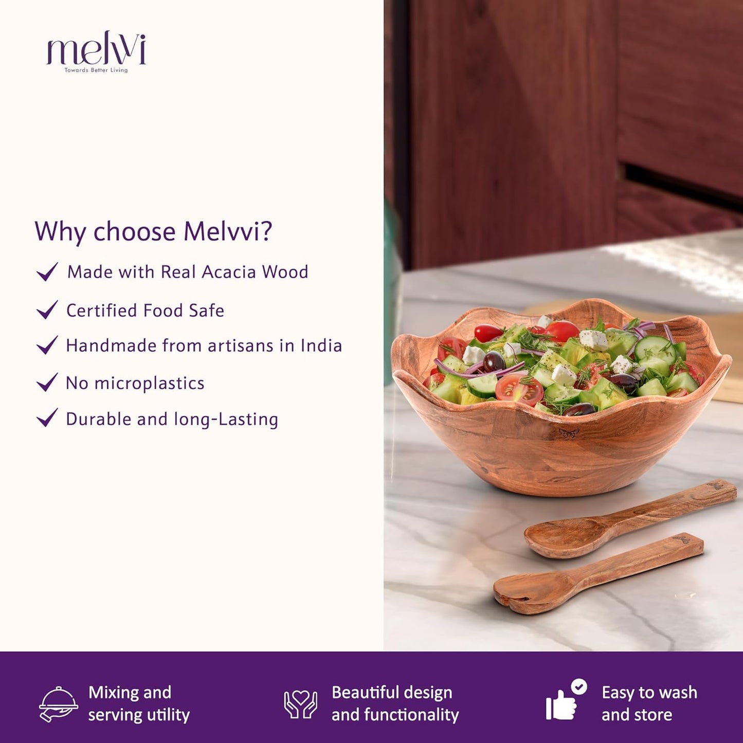 Melvvi Large Wooden Salad Bowl Set – 12" Acacia Wood Serving Bowl with 2 Utensils | Scratch-Resistant - for Salad, Pasta & Fruits | Great Fathers Day Gift for Kitchen & Dining (Natural Wooden)
