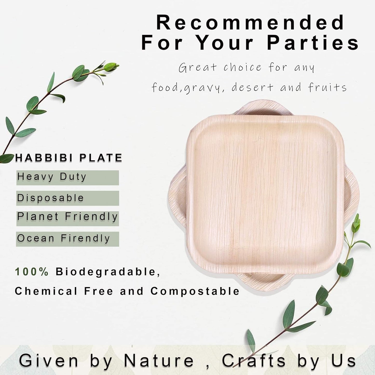 HABBIBI Bamboo Plates Disposable with Cutlery (25 Forks & 25 Knives) - 8" Eco Friendly Palm Leaf Plates, 100% Biodegradable & Compostable Party Plates (8 Inch) Better than Plastic and Paper Plate