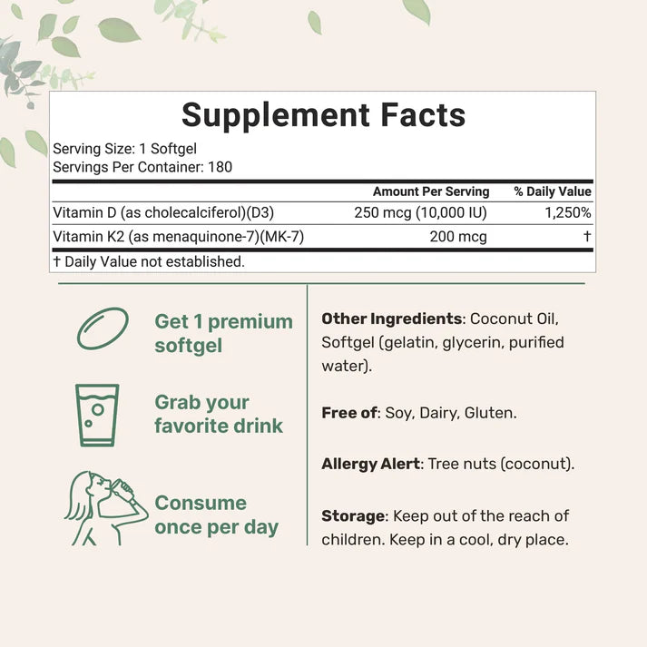 Vitamin D3 + K2 – 2-in-1 High Potency Formula – 300 Softgels