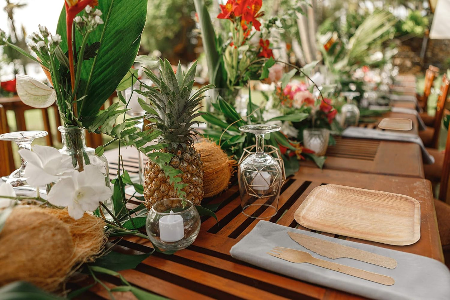 HABBIBI Bamboo Plates Disposable with Cutlery (25 Forks & 25 Knives) - 8" Eco Friendly Palm Leaf Plates, 100% Biodegradable & Compostable Party Plates (8 Inch) Better than Plastic and Paper Plate