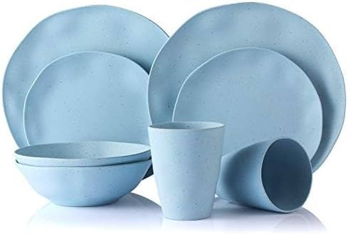Bamboo Dinnerware Set, Morgiana 8-Pieces Reusable Tableware Set Bamboo Fiber Plates, Cups, Bowls (Blue)