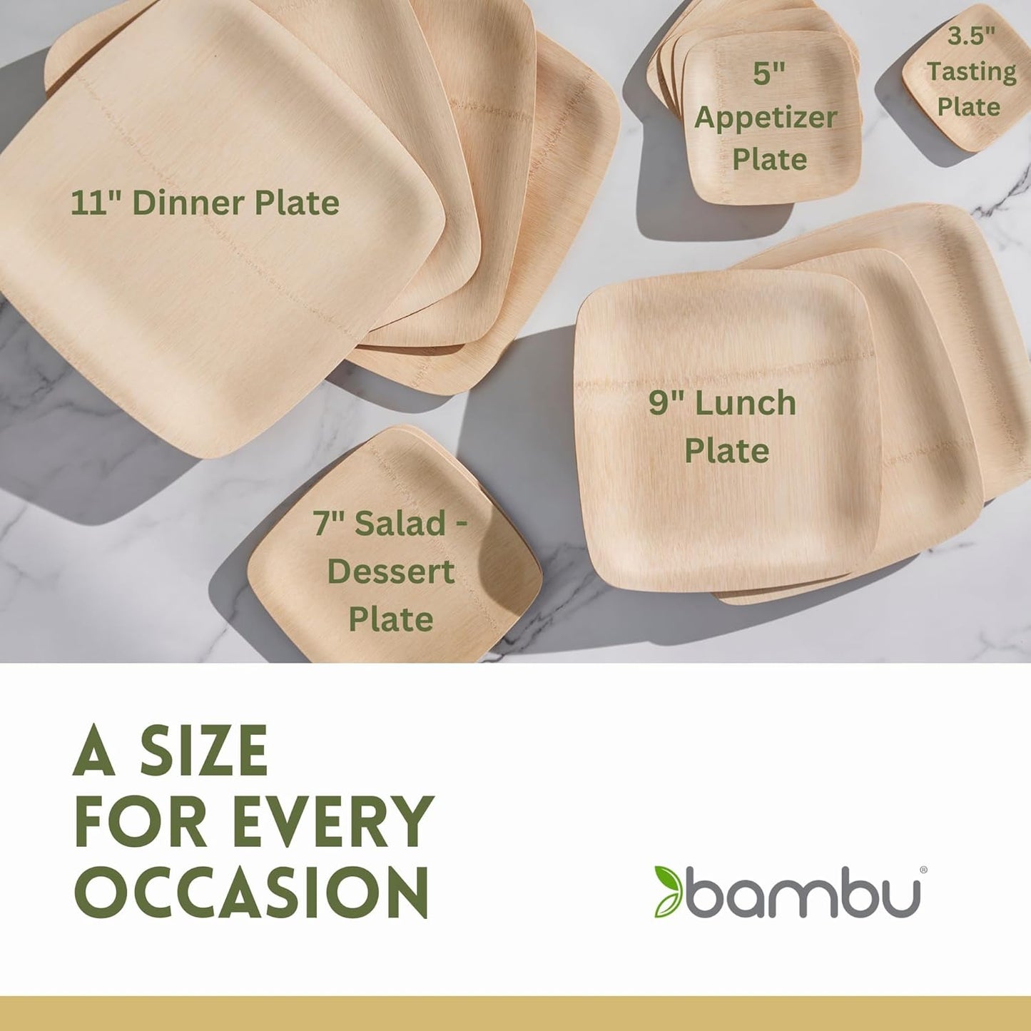 Bambu Pack of 25 - 11 Inch Disposable Bamboo Plates Square, Biodegradable Eco Friendly Products, Bamboo Disposable Plates for Events, Compostable