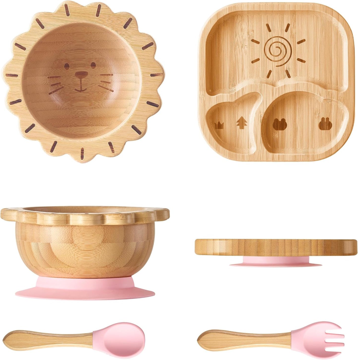 Suction Plates Bowls Set for Baby Toddler Non-Toxic Bamboo Feeding Set with Silicone Fork & Spoon (Green Feeding Set)