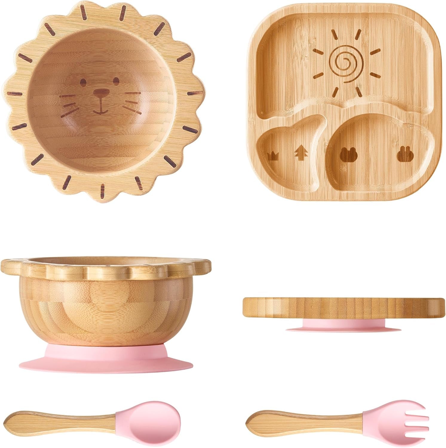 Suction Plates Bowls Set for Baby Toddler Non-Toxic Bamboo Feeding Set with Silicone Fork & Spoon (Green Feeding Set)