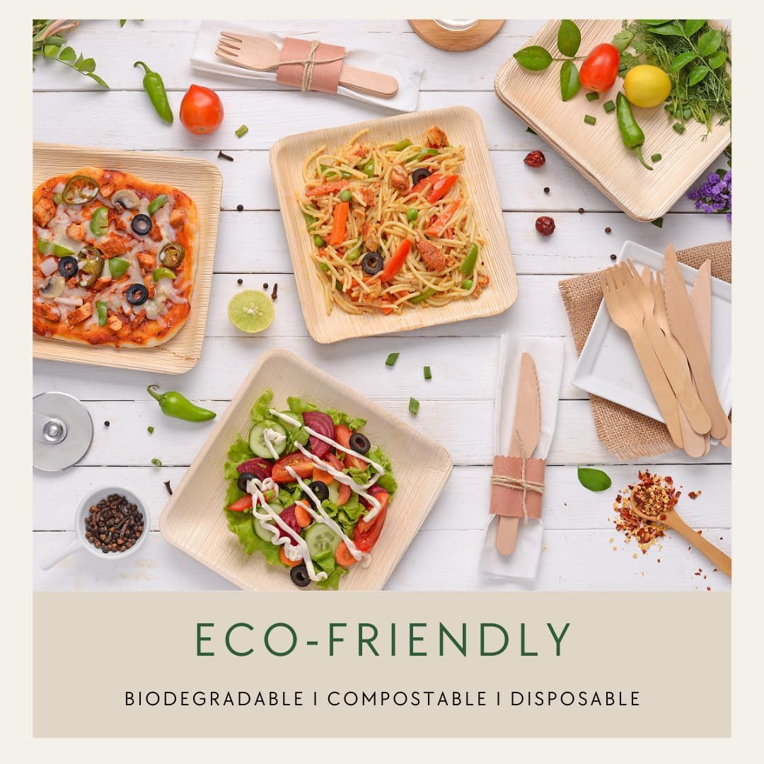 Ozonesafe (150 Pcs) Palm Leaf Plates Set – 25 X 10 and 25 X 7 Inch Square Plates, with 50 Forks and 50 Knives - Heavy Duty & Compostable - Better than Disposable Plates