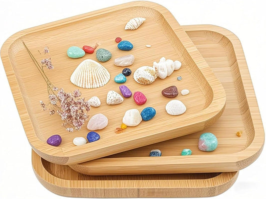 JOIKIT 3 Pack 8 Inch Bamboo Platter, Fine Polished Sqaure Wood Dinner Plates Bamboo Serving Tray for Holding Fruit, Bread, Cheese, Nut, Coffee, Tea, Plant Saucer
