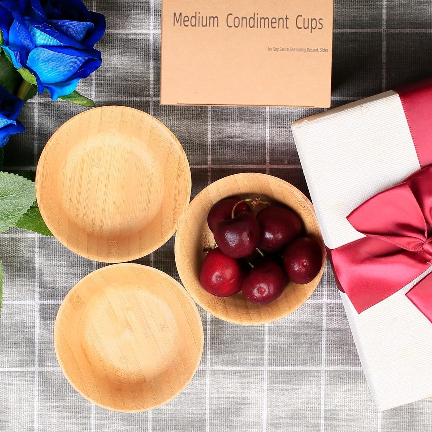 Small Bamboo Wooden Bowls, 3.4 OZ Salsa Bowls for Side Dishes/Dipping Sauce, Hand Carved Kitchen Prep Bowl for Salt/Condiments, Charcuterie Board Accessories 4 Pcs