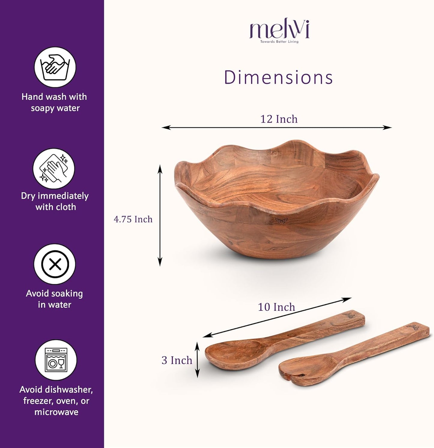 Melvvi Large Wooden Salad Bowl Set – 12" Acacia Wood Serving Bowl with 2 Utensils | Scratch-Resistant - for Salad, Pasta & Fruits | Great Fathers Day Gift for Kitchen & Dining (Natural Wooden)