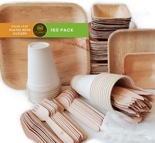 Rustic Palm Plates - 10", 7", 4.5" Compostable Dinnerware Set with Cutlery, Napkins & Heavy Duty Biodegradable Utensils