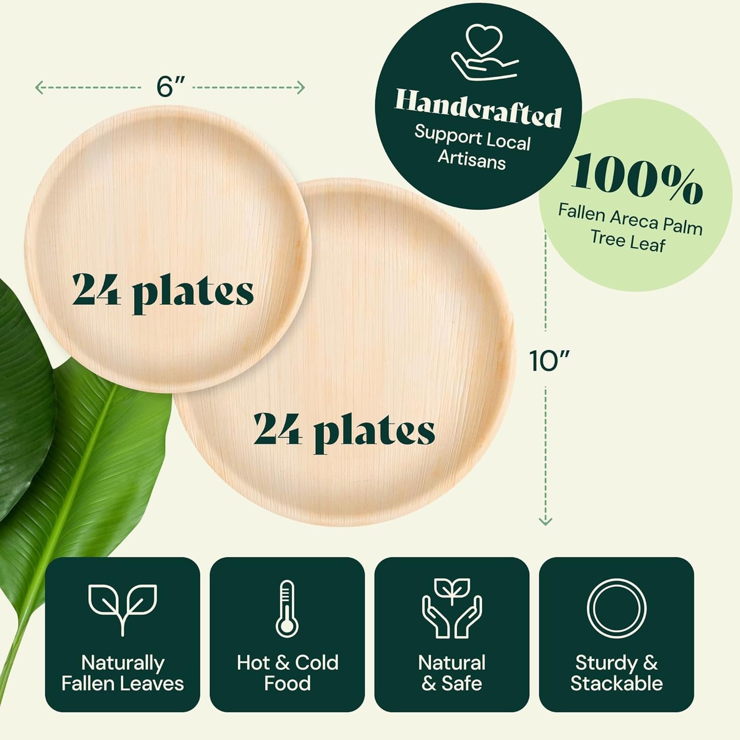 Chic Leaf Palm Leaf Disposable Bamboo Plates for 4Th of July Weddings, Parties & Events – Round, Biodegradable, Compostable, 48-Pack (10" & 6")