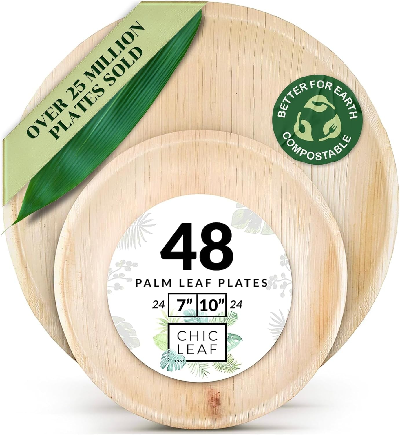 Chic Leaf Palm Leaf Disposable Bamboo Plates for 4Th of July Weddings, Parties & Events – Round, Biodegradable, Compostable, 48-Pack (10" & 6")