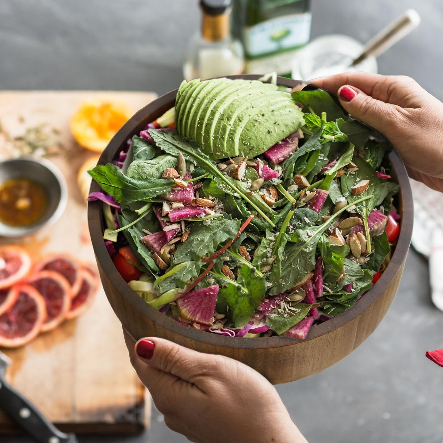 Wooden Salad Bowl, Black Walnut Wood Salad Bowl Set, 12 * 4.3 Inch Large Natural Wooden with Fork and Spoon,Premium Eco-Friendly 346Oz /10.8Qt for Kitchen,Dining,Serving & Mixing Food