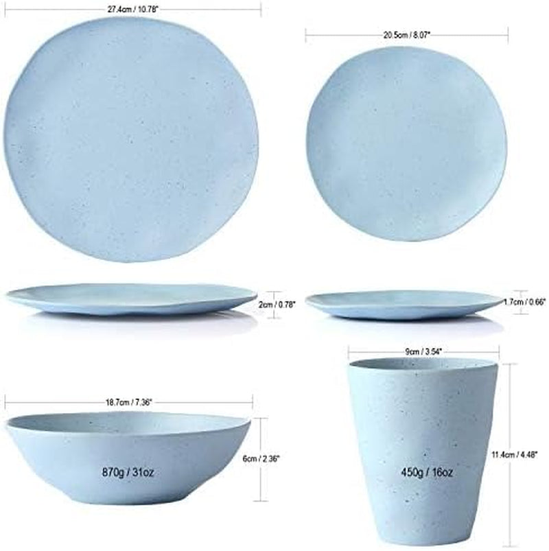 Bamboo Dinnerware Set, Morgiana 8-Pieces Reusable Tableware Set Bamboo Fiber Plates, Cups, Bowls (Blue)