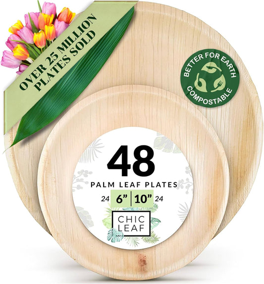 Chic Leaf Palm Leaf Disposable Bamboo Plates for 4Th of July Weddings, Parties & Events – Round, Biodegradable, Compostable, 48-Pack (10" & 6")