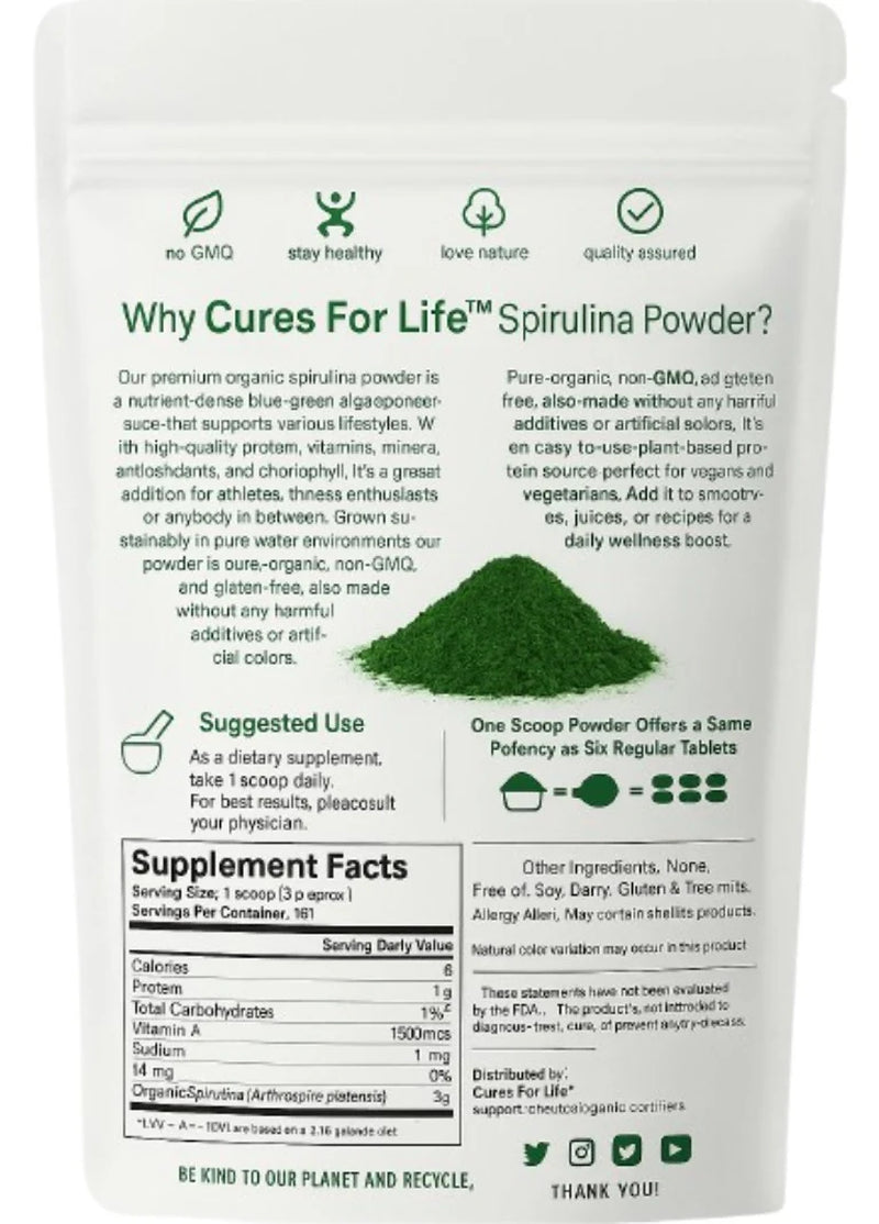 Cures for Life™ Organic Spirulina Powder – 1 Lb (16 Oz) Superfood | Immune Support, Detox & Energy Booster | Non-Gmo, Vegan, USDA Organic