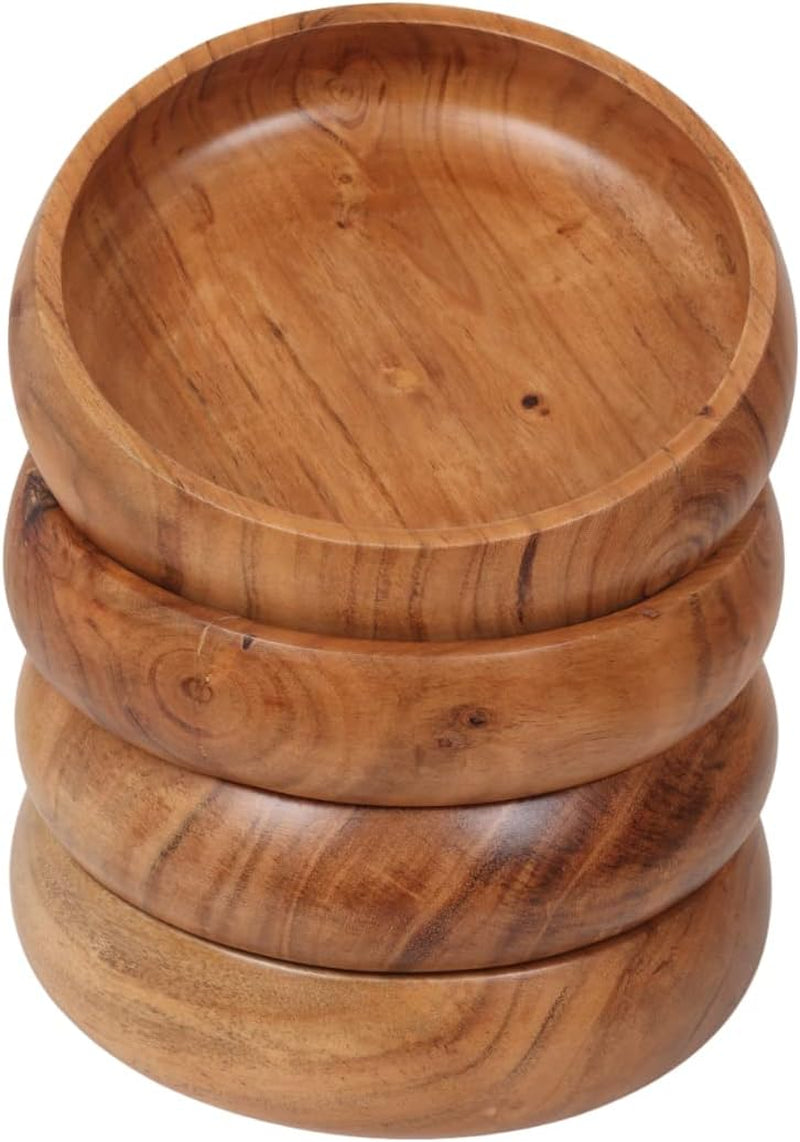 Acacia Wooden Salad Bowls Set of 2, Large Individual Bowls 8 X 2 Inches (25 Oz) with Food Safe Wood Coating | Jointless Plates Type Wood Bowl for Food