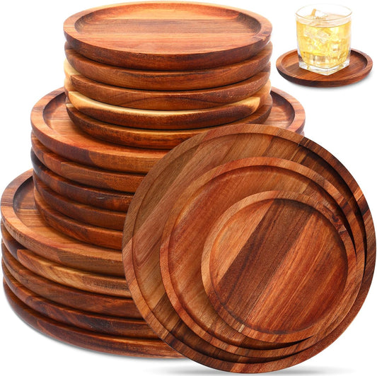 Roshtia Set of 15 round Acacia Wood Dinner Plates Natural Wooden Charger Plates Lightweight Classic Food Trays for Dish Snack Salad Dessert, 6 8 10 Inch, 5 of Each Size, Housewarming Christmas Gifts