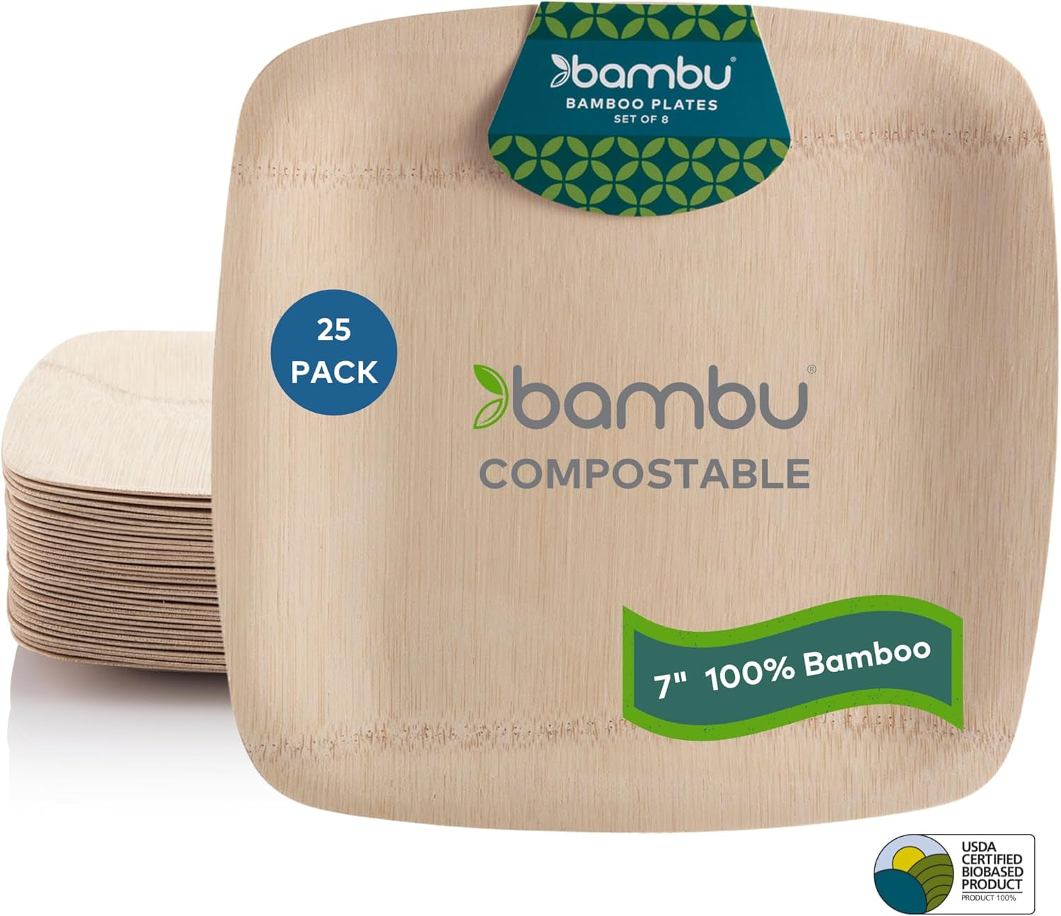 Bambu Pack of 25 - 11 Inch Disposable Bamboo Plates Square, Biodegradable Eco Friendly Products, Bamboo Disposable Plates for Events, Compostable