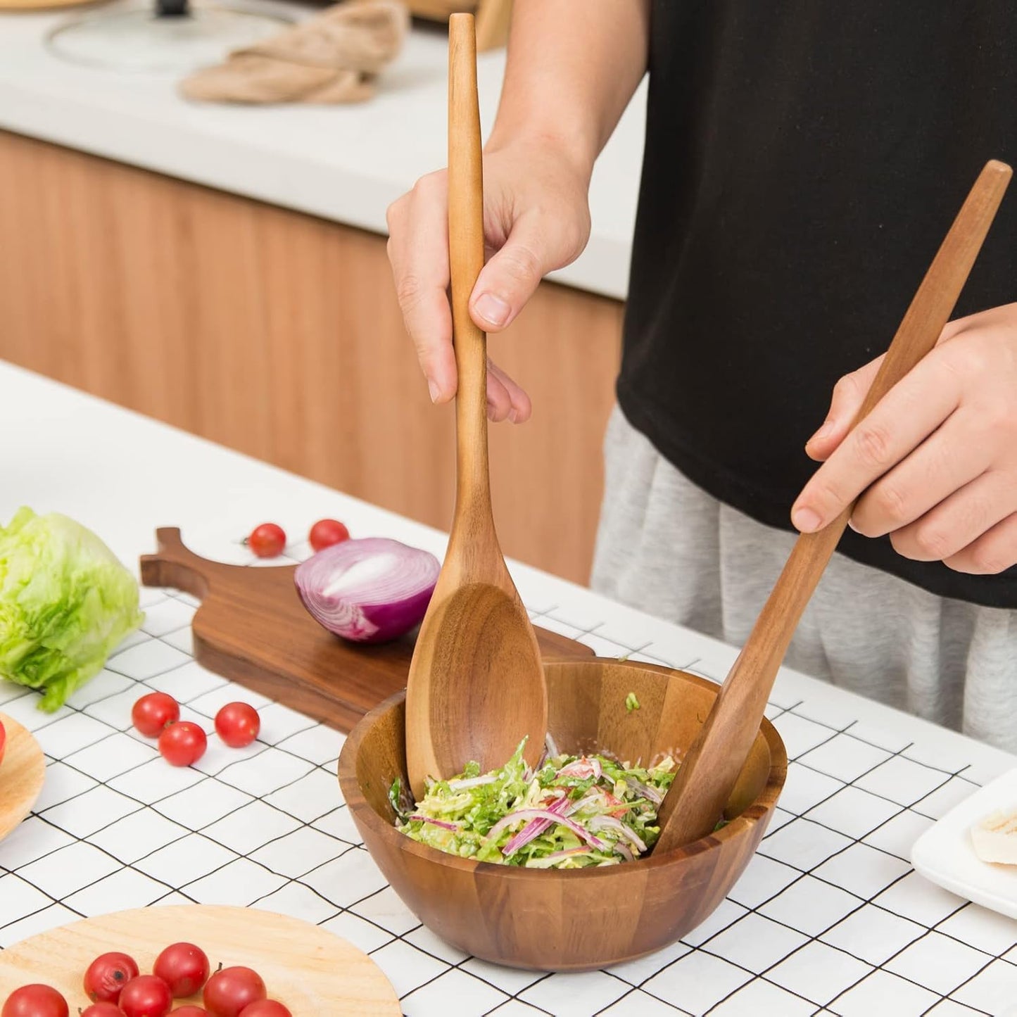 2PCS Acacia Wooden Spoons for Cooking-14 Inch Smooth Finish Cooking Spoons-Comfortable Grip Wood Spoons for Cooking - Non-Stick Cooking Utensils (Spoon + Corner Spoon)