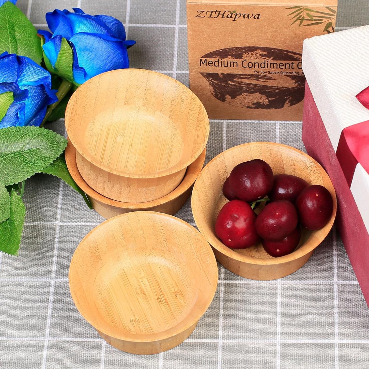 Small Bamboo Wooden Bowls, 3.4 OZ Salsa Bowls for Side Dishes/Dipping Sauce, Hand Carved Kitchen Prep Bowl for Salt/Condiments, Charcuterie Board Accessories 4 Pcs