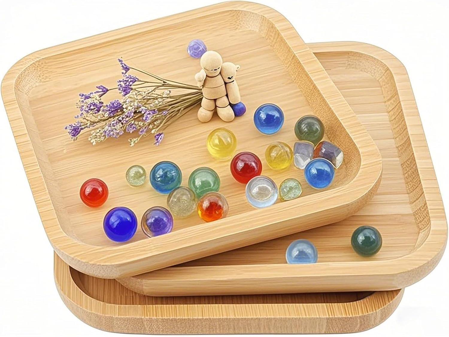 JOIKIT 3 Pack 8 Inch Bamboo Platter, Fine Polished Sqaure Wood Dinner Plates Bamboo Serving Tray for Holding Fruit, Bread, Cheese, Nut, Coffee, Tea, Plant Saucer