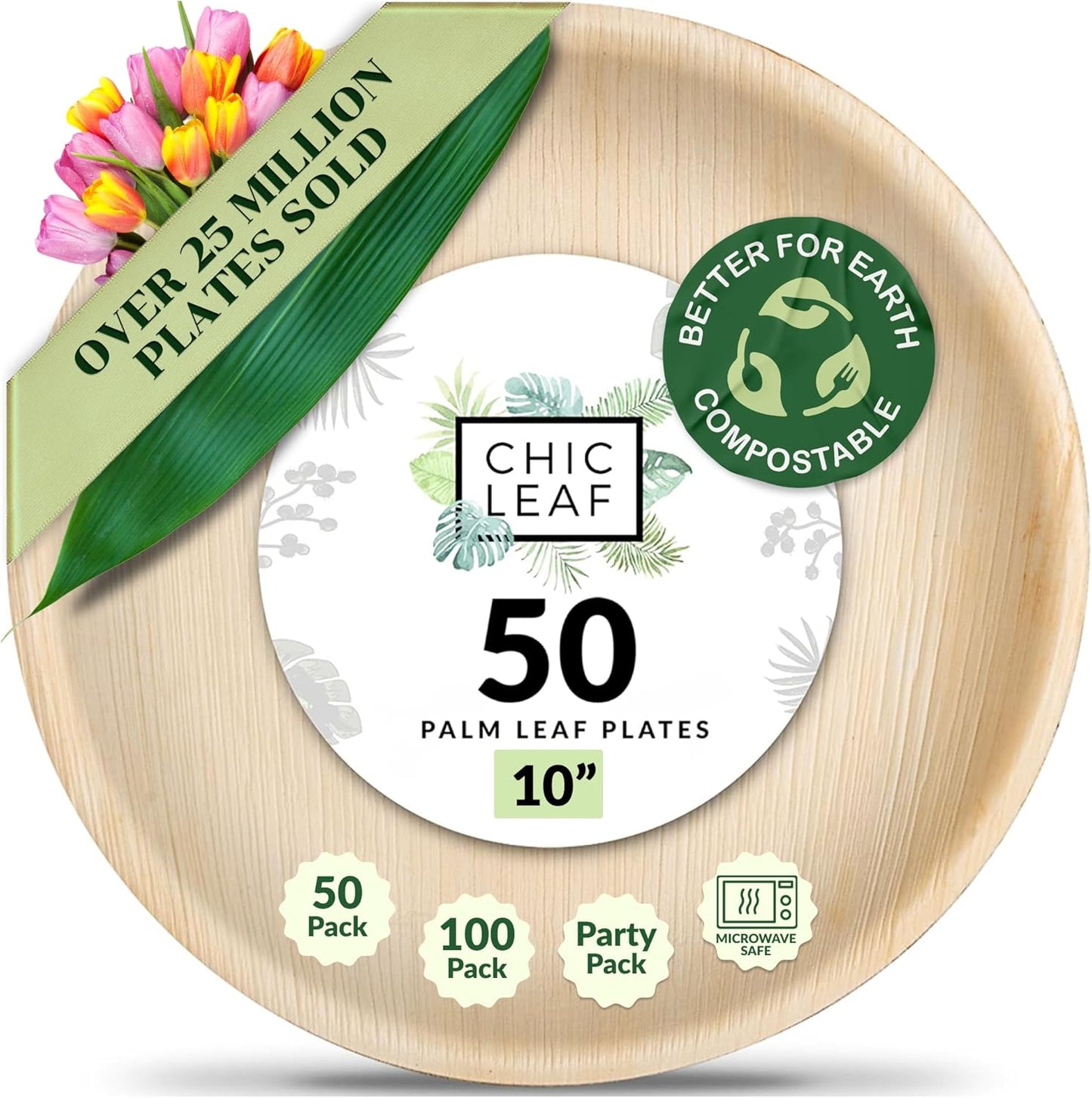 Chic Leaf Palm Leaf Disposable Bamboo Plates for 4Th of July Weddings, Parties & Events – Round, Biodegradable, Compostable, 48-Pack (10" & 6")